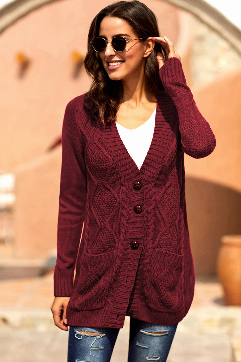 Color Block Button Up Closure Knitted Cardigan with Pocket *