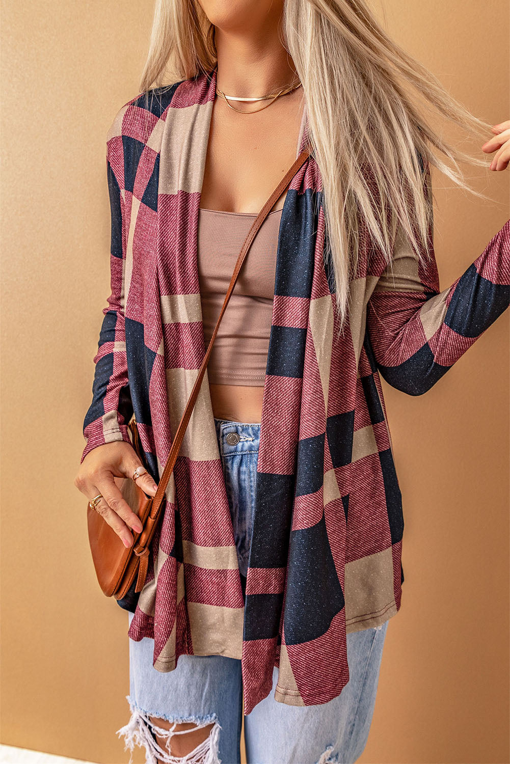 Plaid Casual Draped Open Front Cardigan *