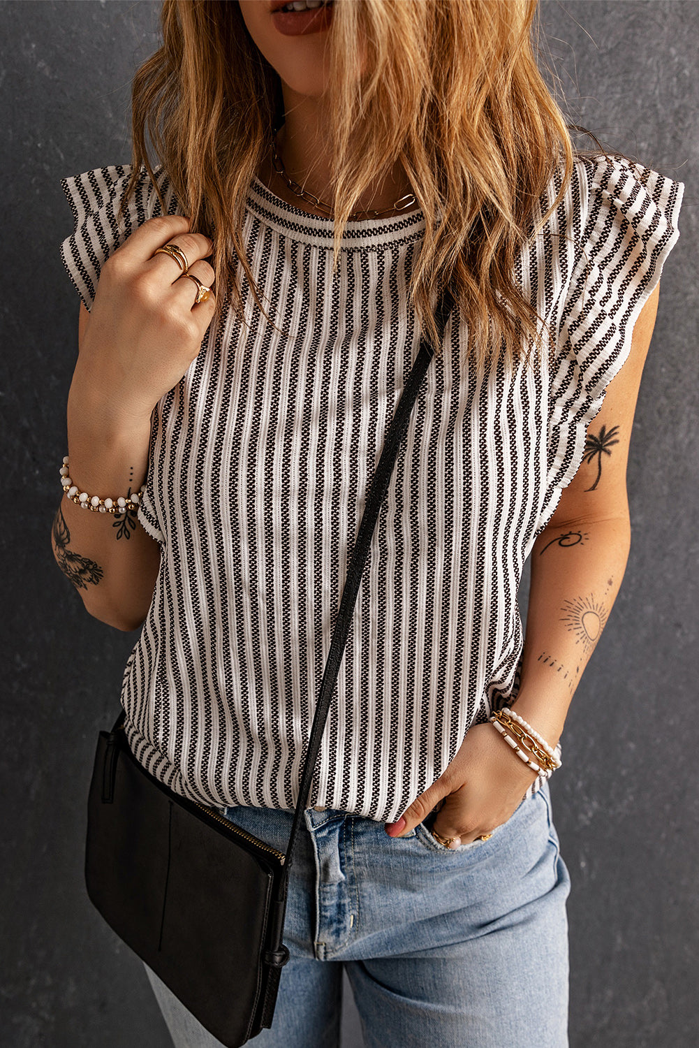 Grey Casual Striped Print Ruffle Summer Top *