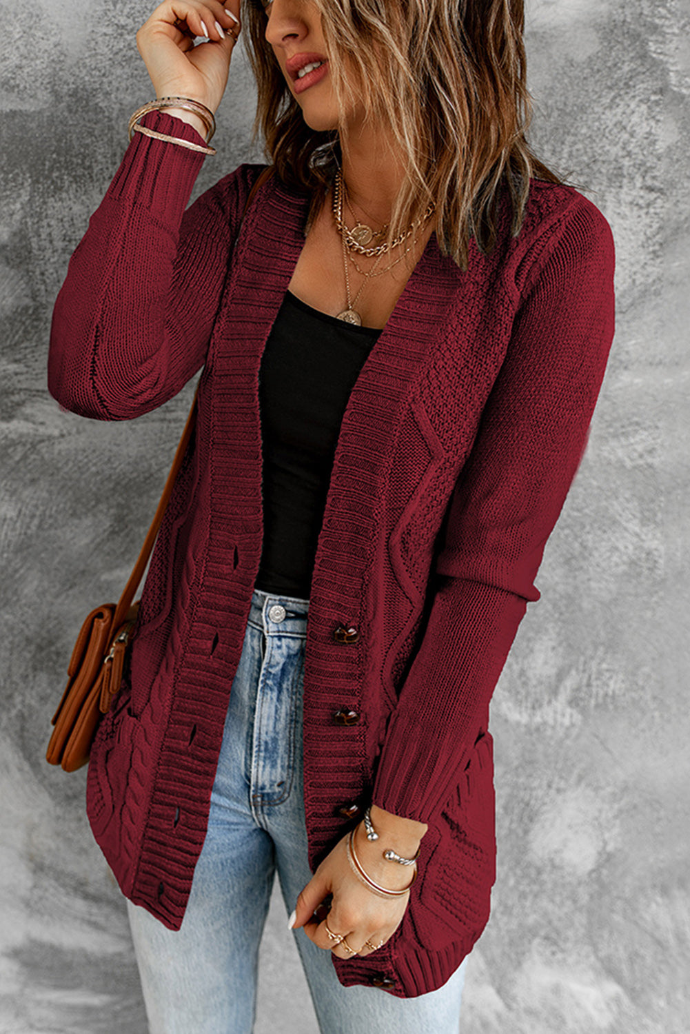 Color Block Button Up Closure Knitted Cardigan with Pocket *