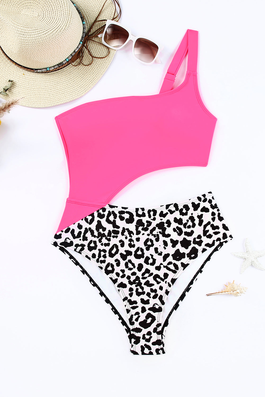 Leopard Patchwork Asymmetric One Piece Swimsuit *