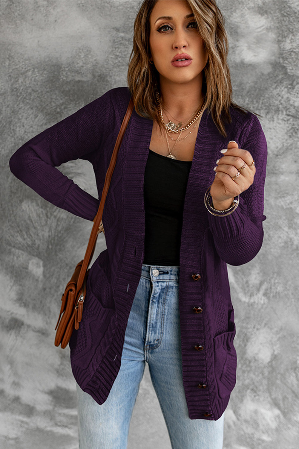 Color Block Button Up Closure Knitted Cardigan with Pocket *