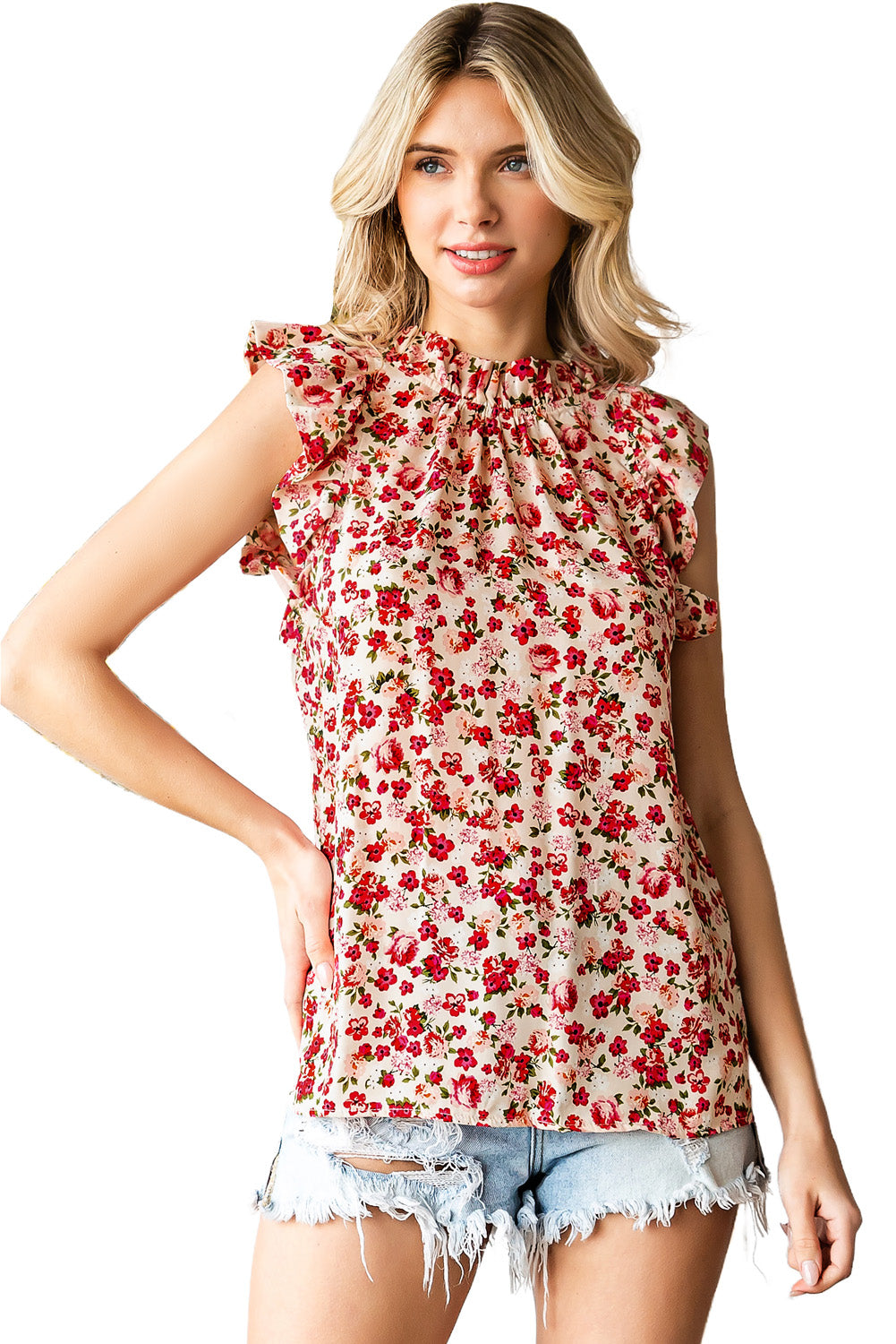 Boho Floral Print Ruffled Mock Neck Sleeveless Shirt *