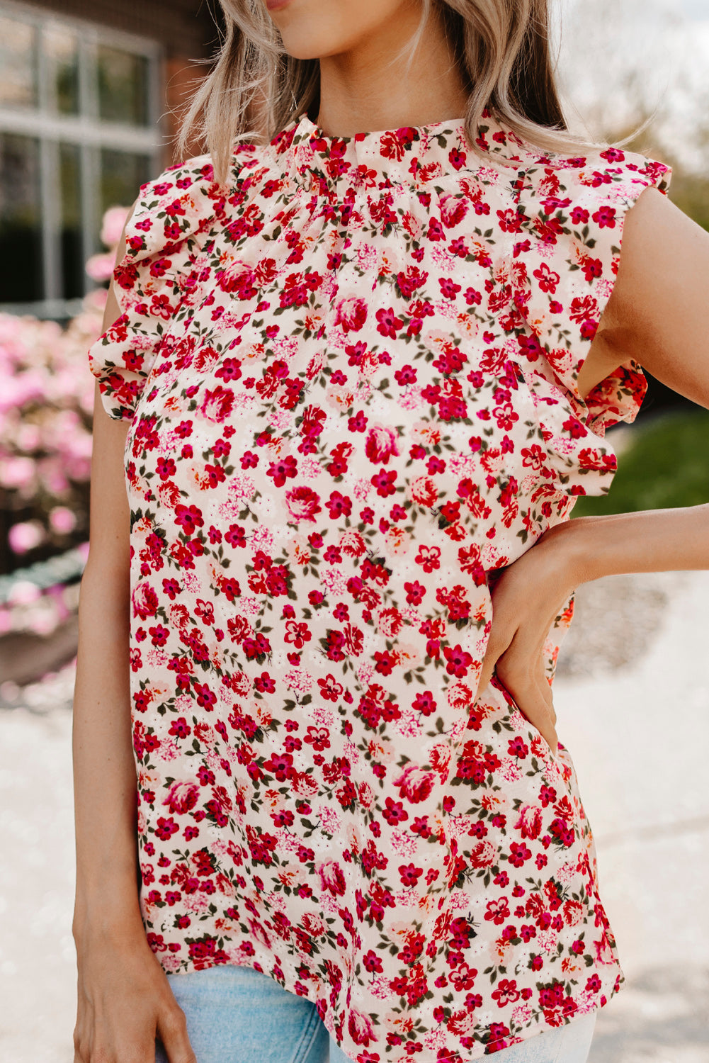 Boho Floral Print Ruffled Mock Neck Sleeveless Shirt *