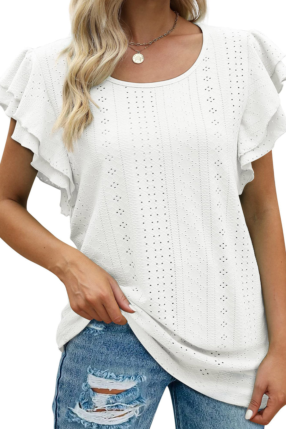 Eyelet Textured Ruffle Short Sleeve Blouse *