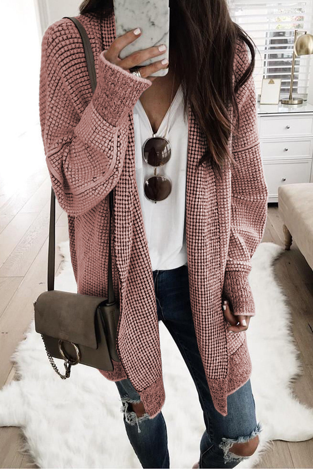 Pink Plaid Contrast Trim Casual Knit Long Cardigan*