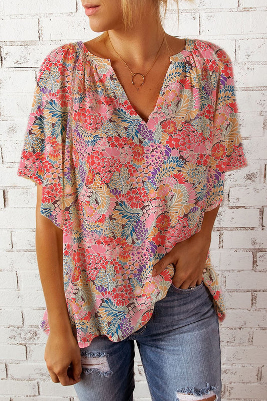 Multicolor Gorgeous Notch V Neck Short Sleeve Floral Blouse *