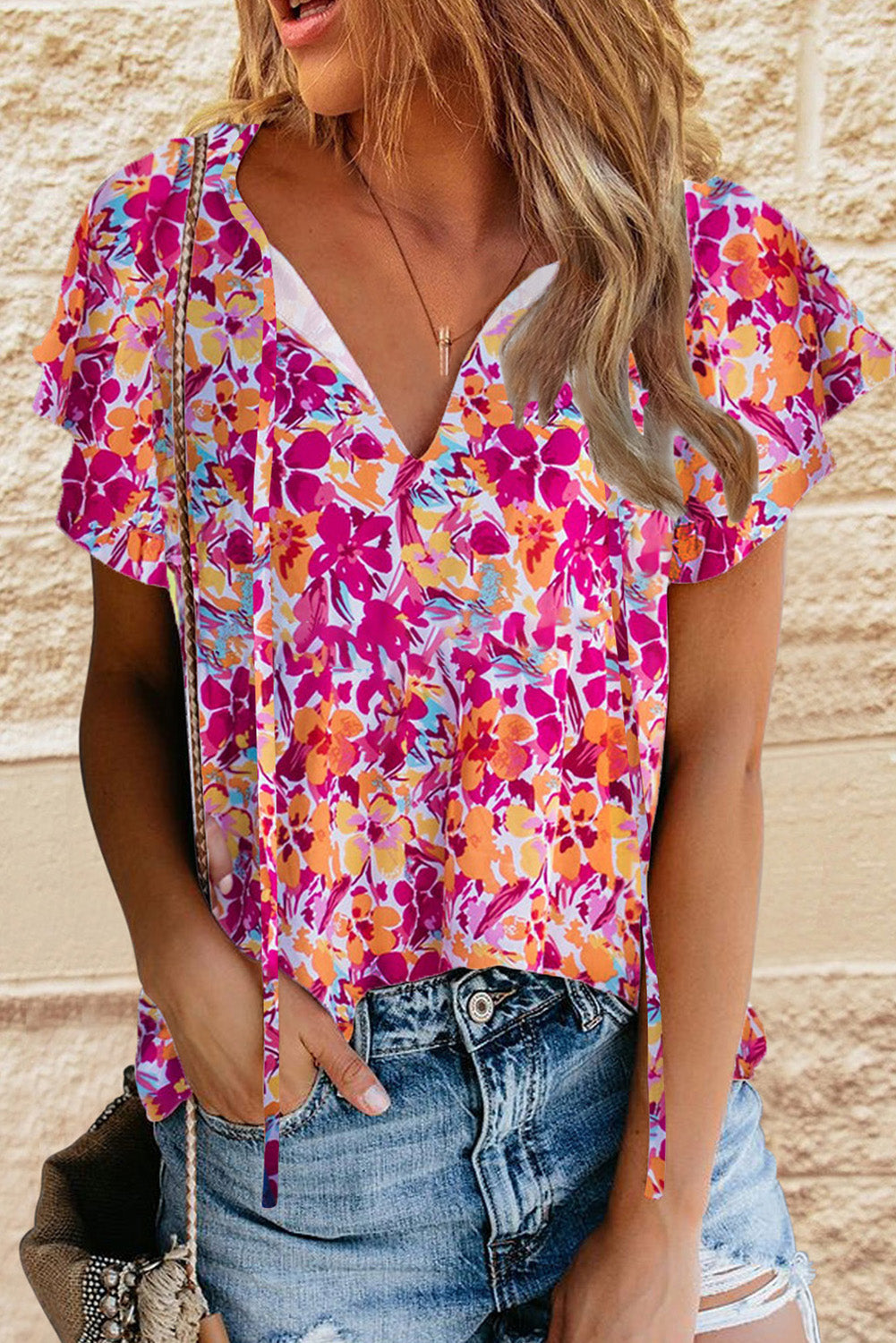 Floral Print Flutter Sleeves Short Sleeve Blouse *