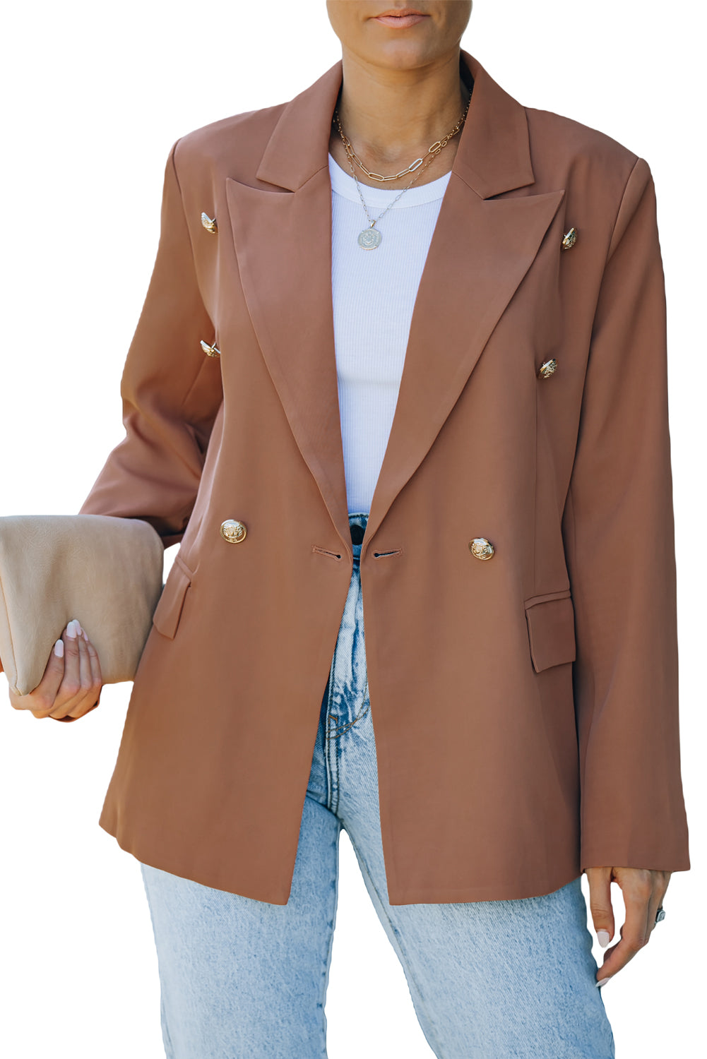 Double Breasted Lapel Neck Flap Pocket Casual Brown Blazer for Women *