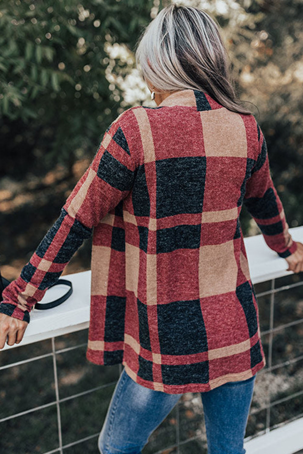 Plaid Casual Draped Open Front Cardigan *