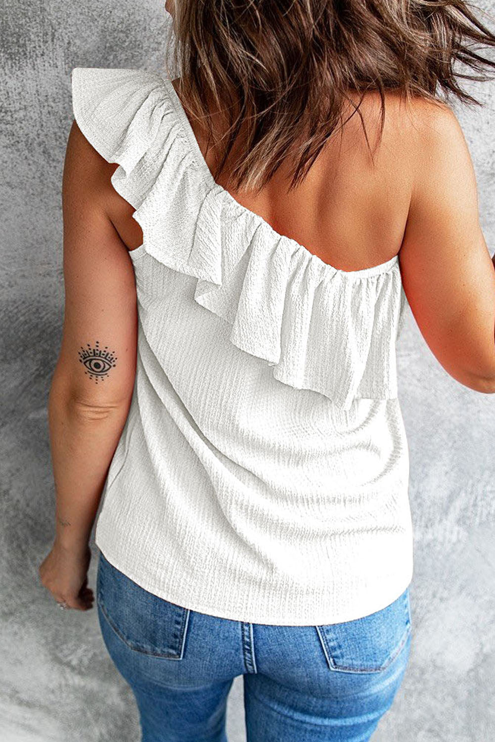 Ruffle Trim Textured Sleeveless One Shoulder Top *