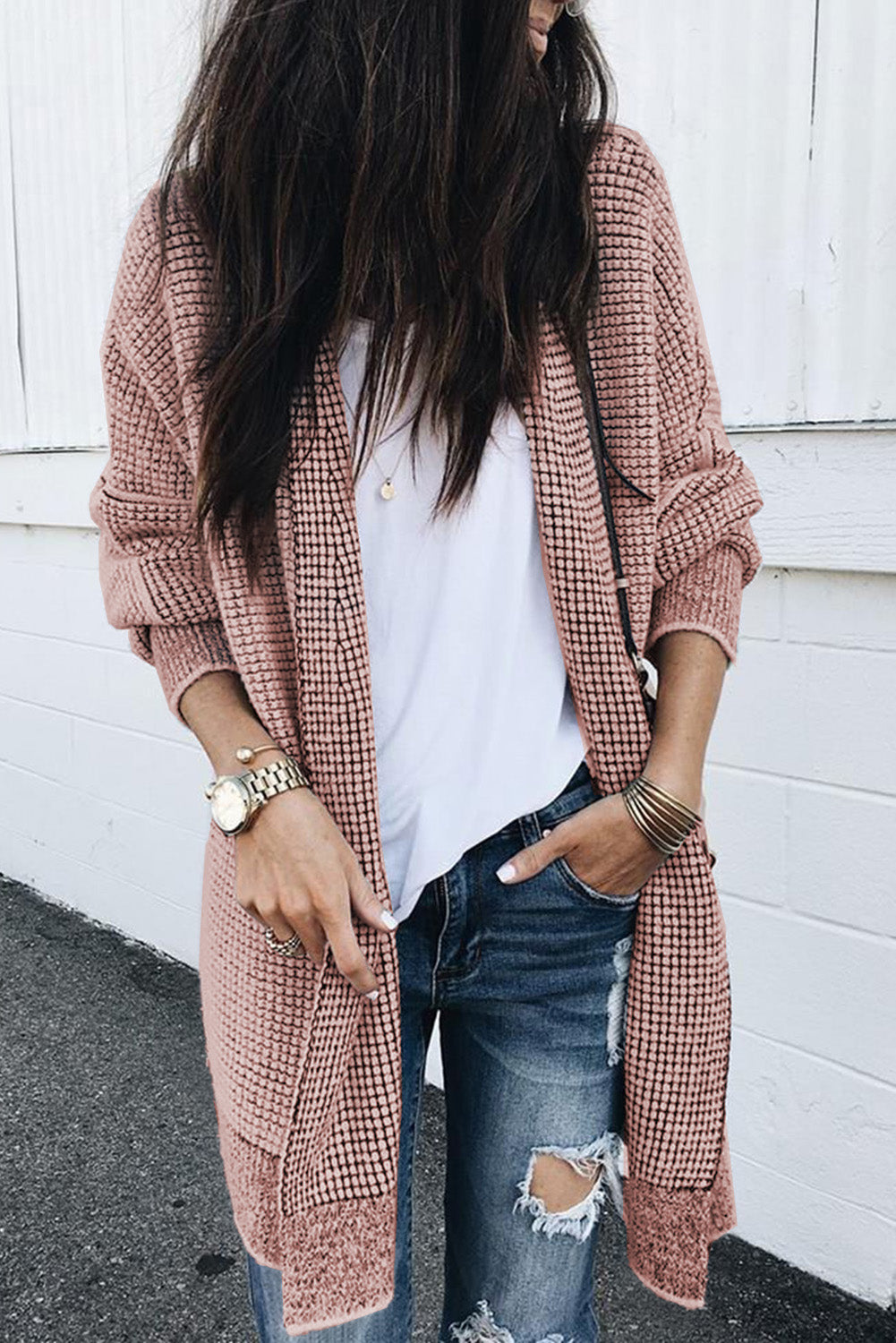 Pink Plaid Contrast Trim Casual Knit Long Cardigan*