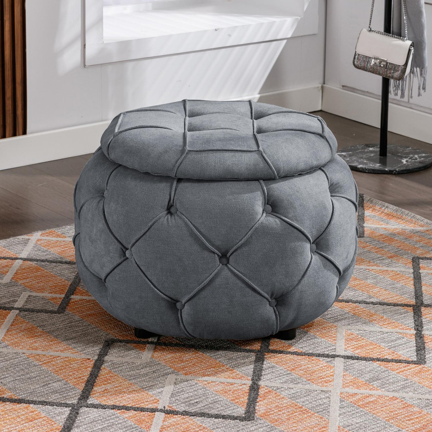 Large Button Tufted Woven Round Storage Footstool