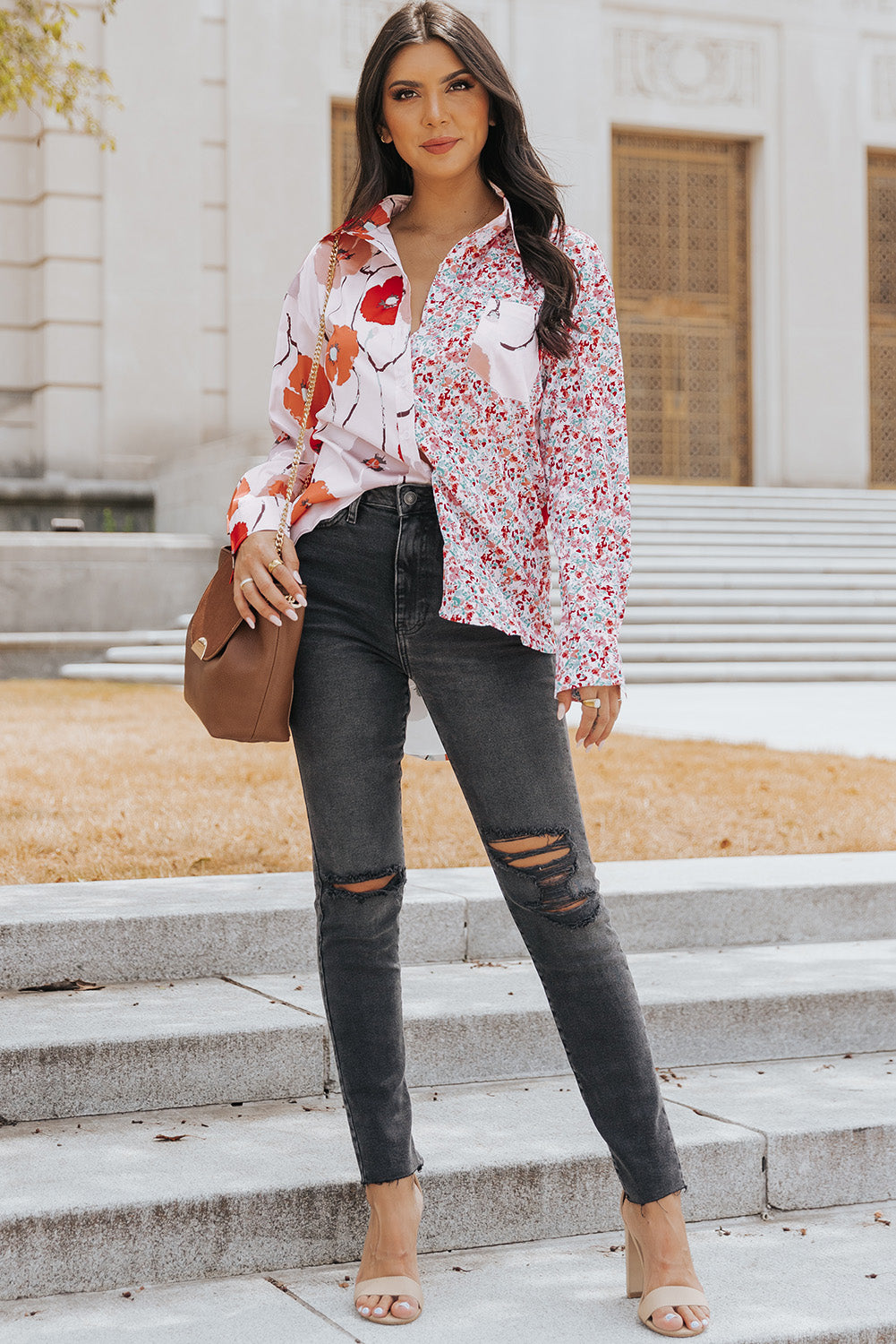 Bohemian Floral Pockets Patchwork Button Up Shirt *