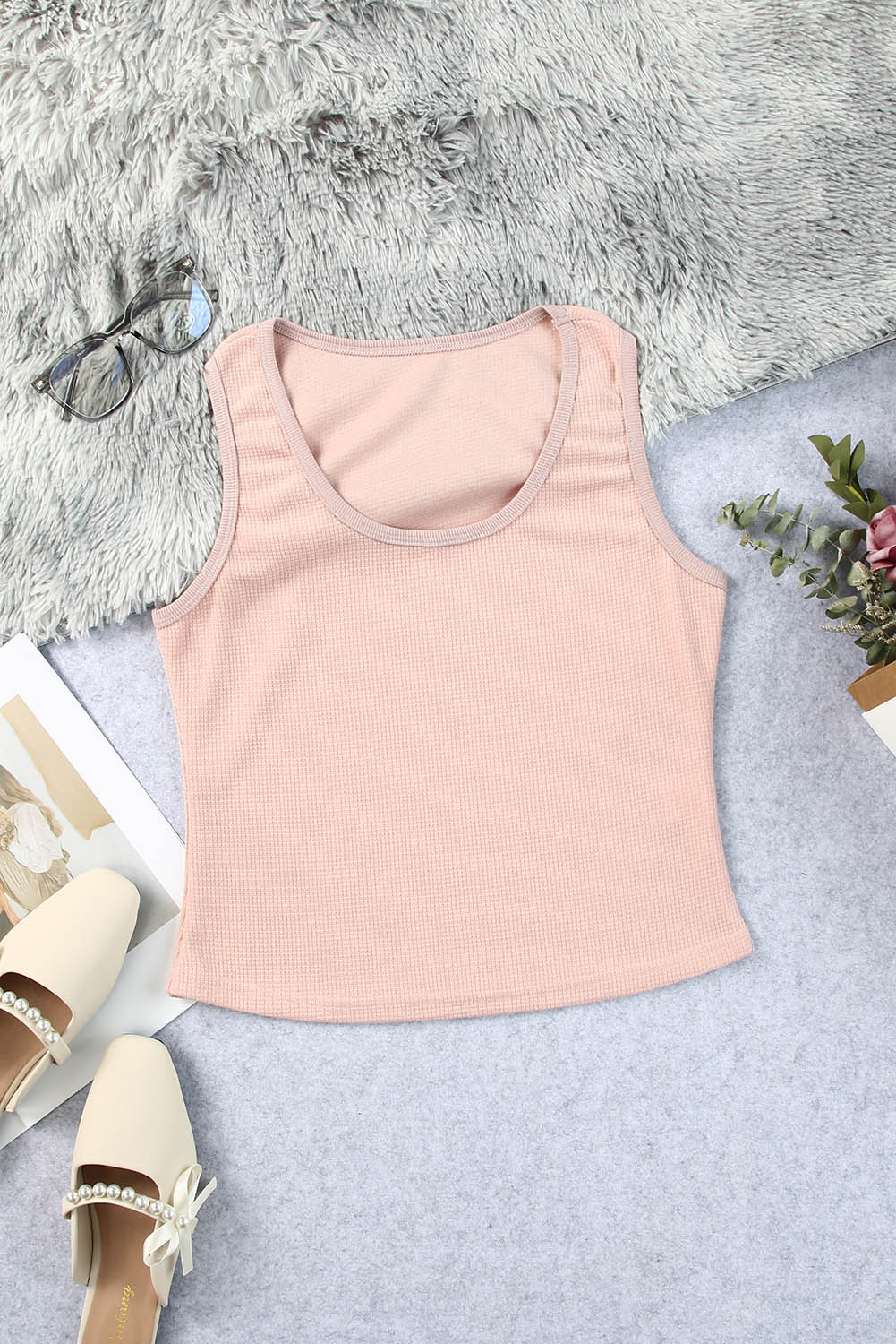 Grey Plain Basic Waffle Knit U Neck Tank Top