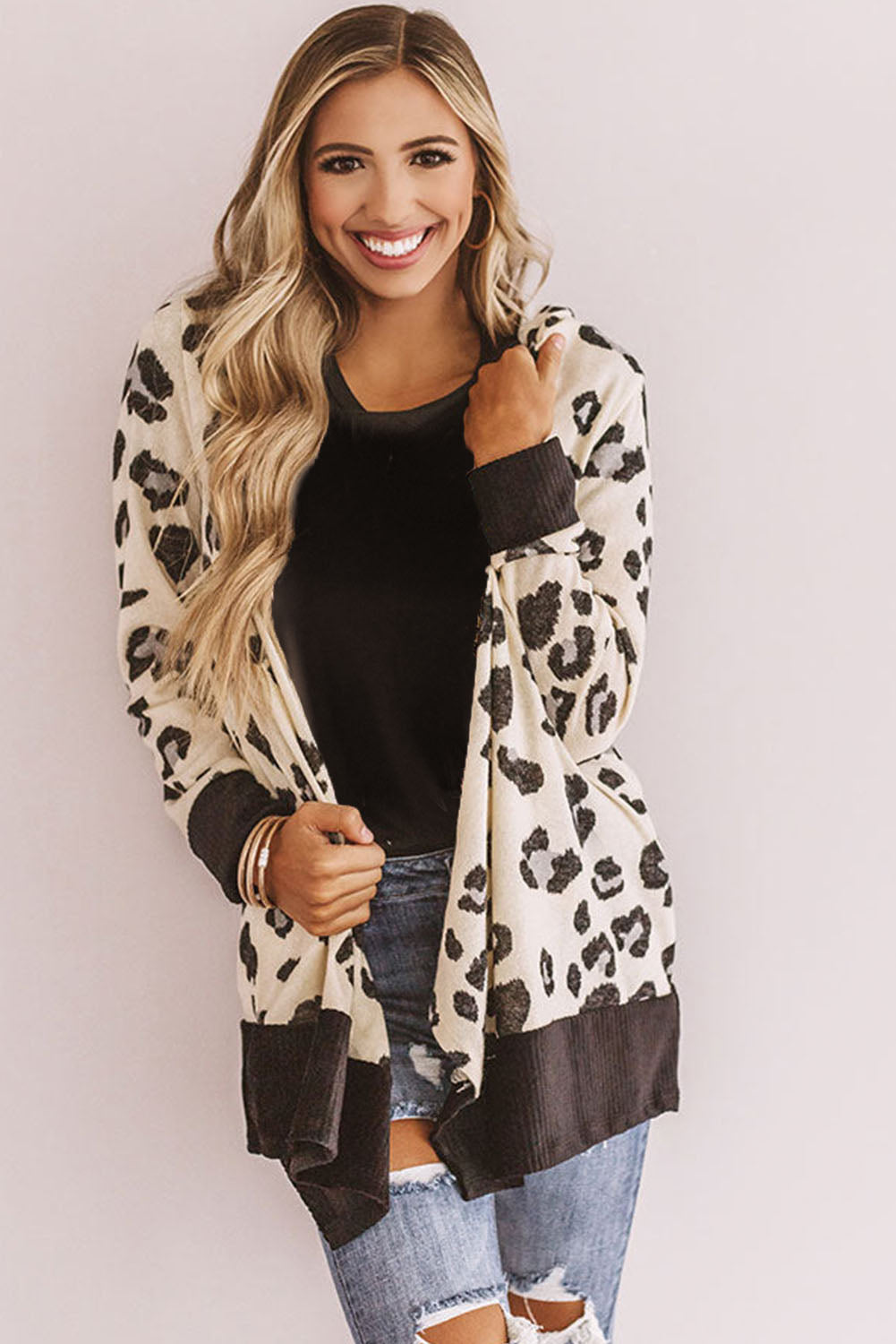 Cheetah Print Casual Hooded Open Front Cardigan *