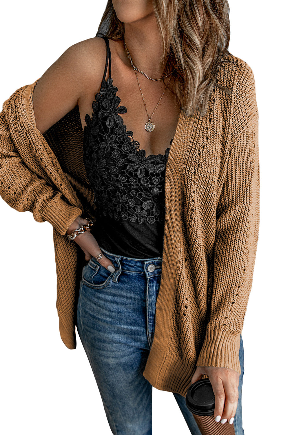 Khaki Fall Long Sleeve Long Cardigan Sweater *