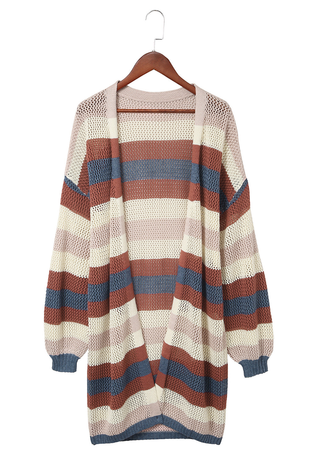 Striped Color Block Hollow Cable Knit Cardigan *