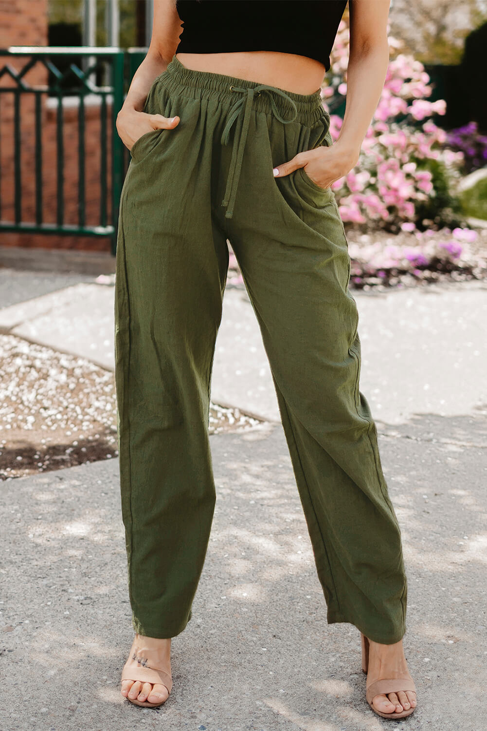 Drawstring Elastic Waist Pants with Pockets