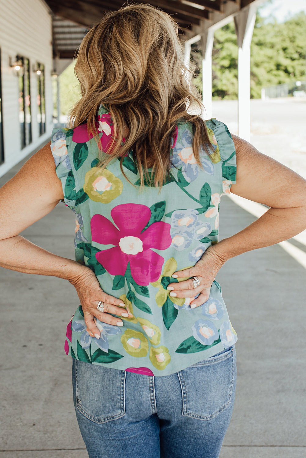 Floral Print Ruffle Trim Sleeveless Shirt *