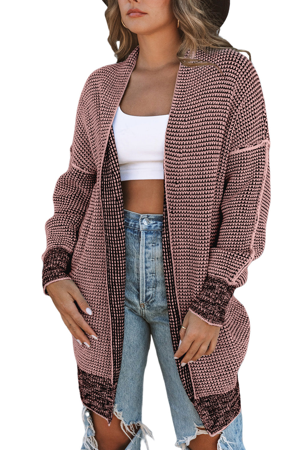 Pink Plaid Contrast Trim Casual Knit Long Cardigan*