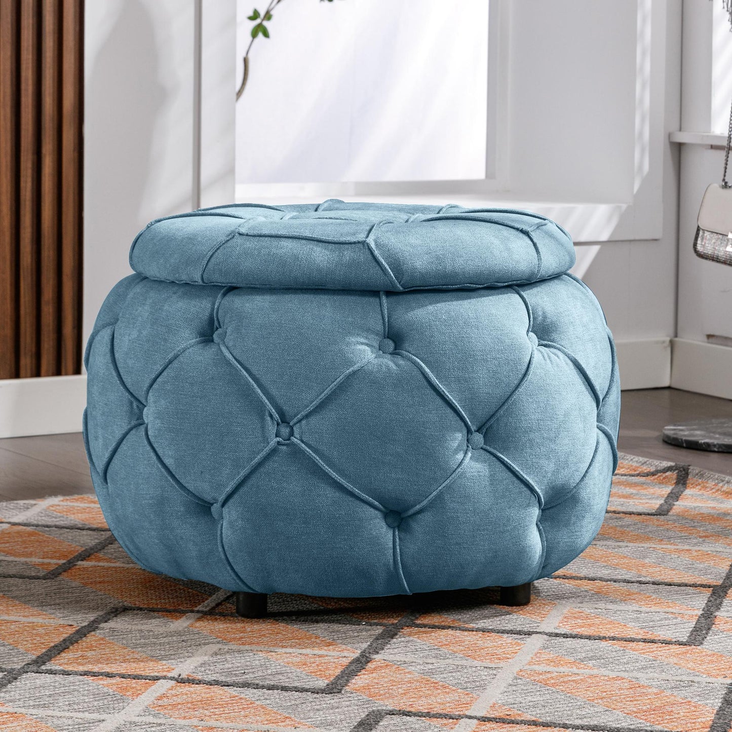 Large Button Tufted Woven Round Storage Footstool