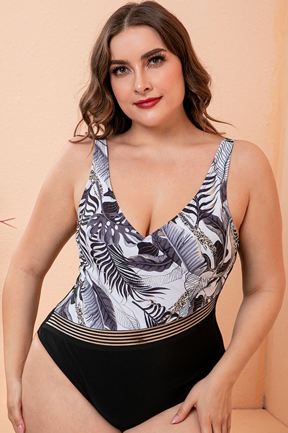 Curvy Two-Tone Plunge One-Piece Swimsuit