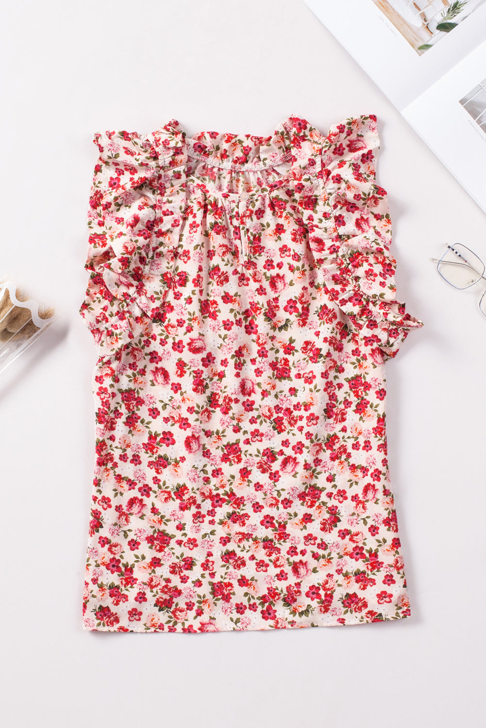 Boho Floral Print Ruffled Mock Neck Sleeveless Shirt *