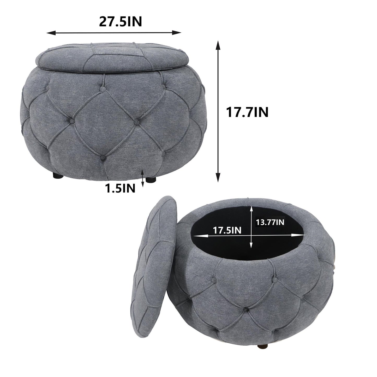 Large Button Tufted Woven Round Storage Footstool