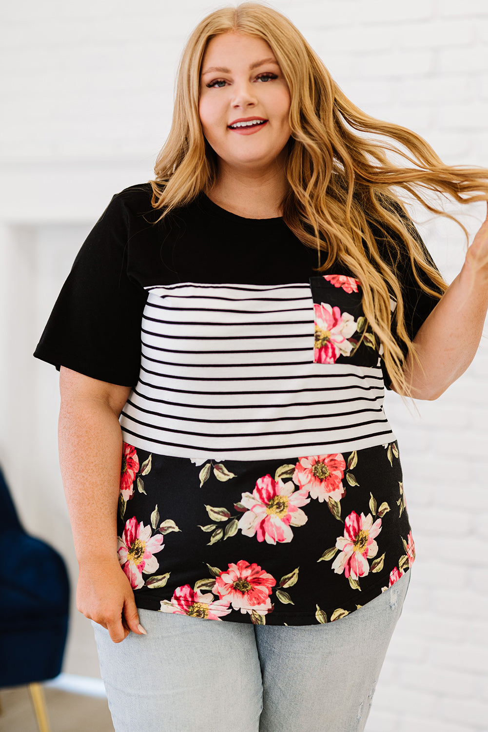 Stripe Floral Casual Splicing Block Plus Size Top *