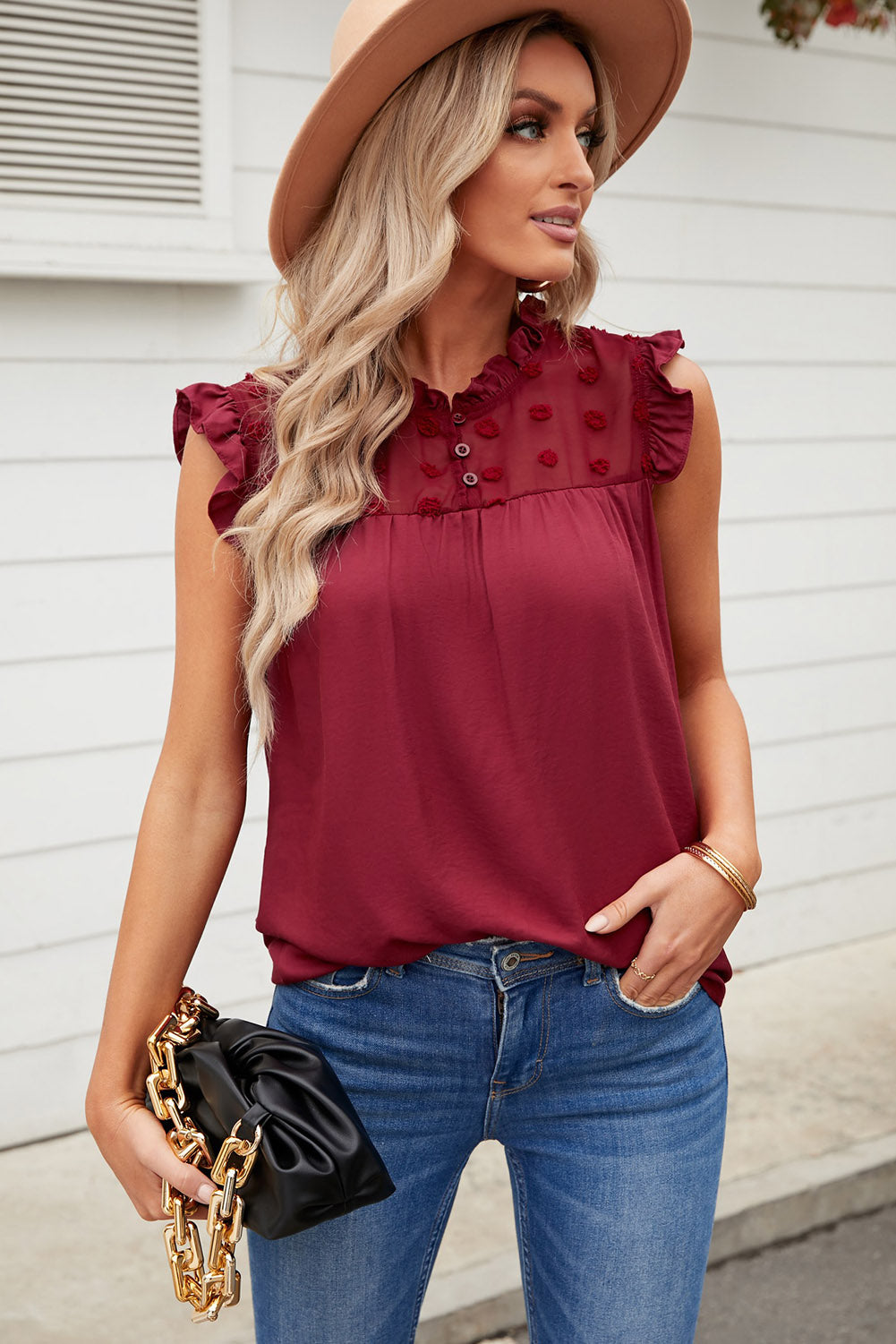 Burgundy Ruffle Trim Swiss Dot Button Closure Sleeveless Shirt *