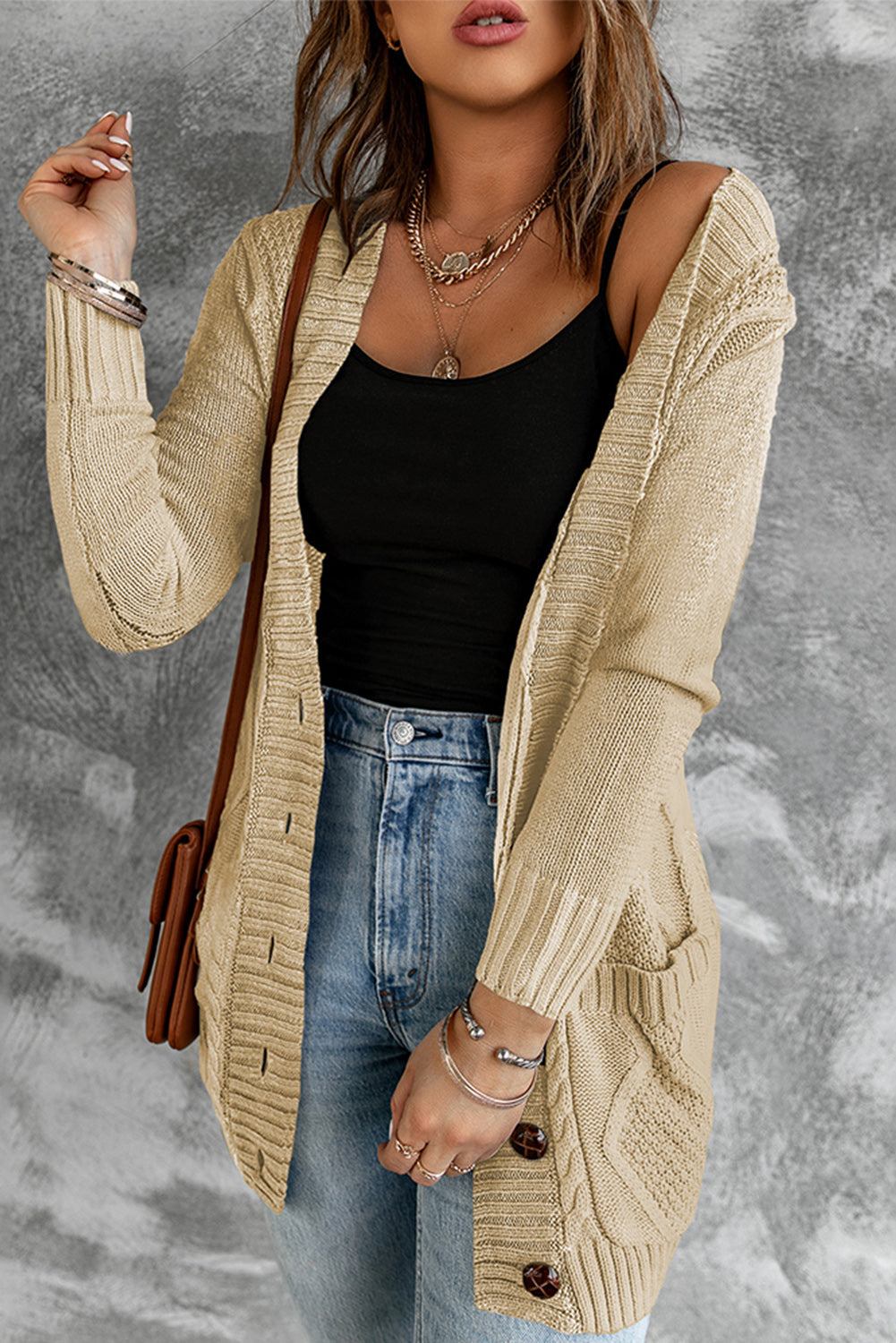 Color Block Button Up Closure Knitted Cardigan with Pocket *