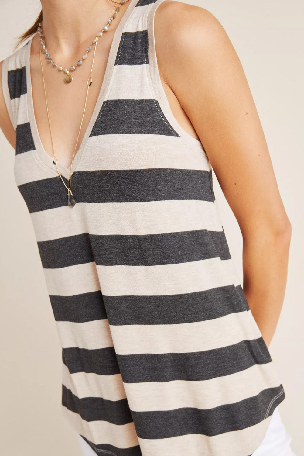 Striped Colorblock V Neck Casual Tank Top