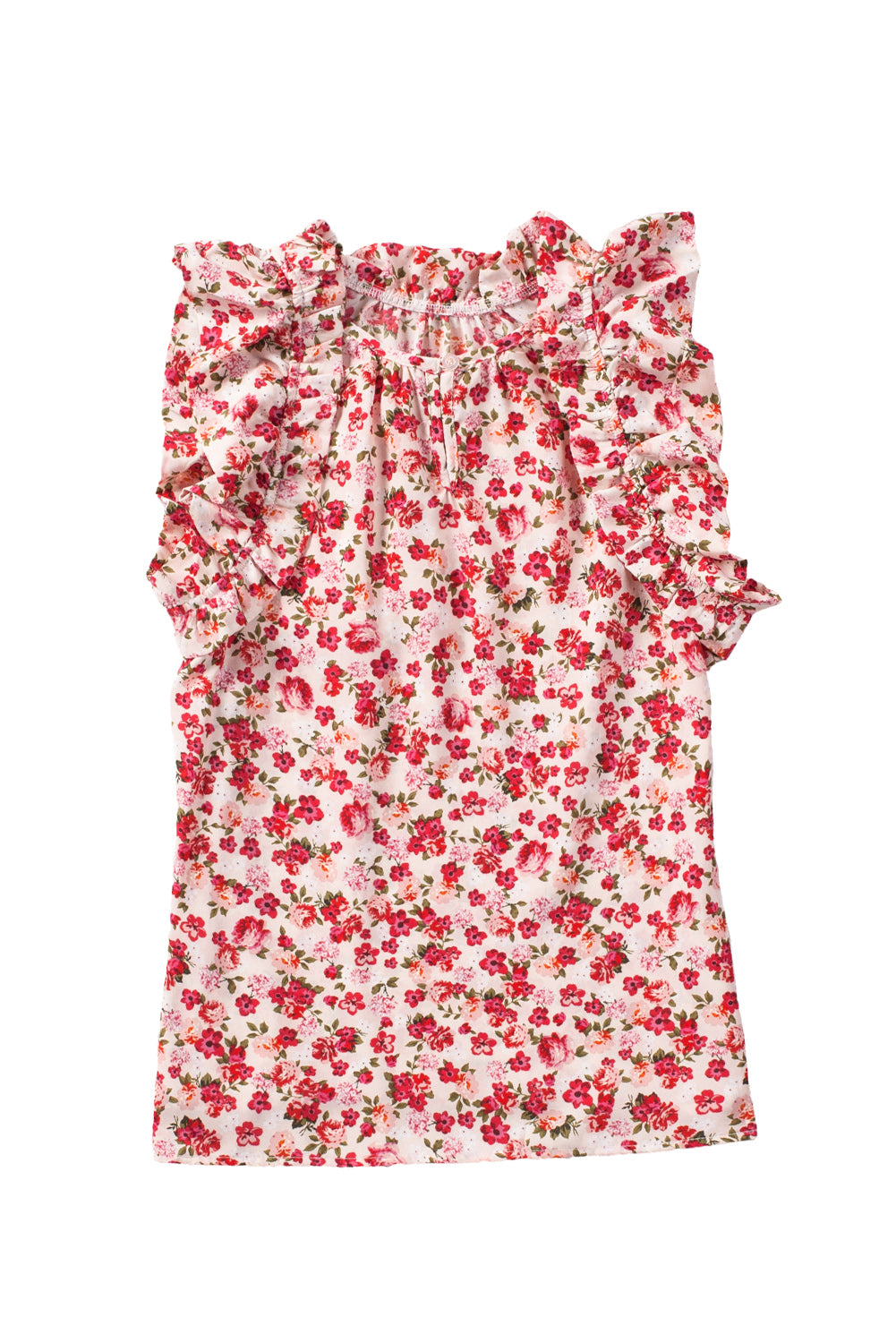 Boho Floral Print Ruffled Mock Neck Sleeveless Shirt *