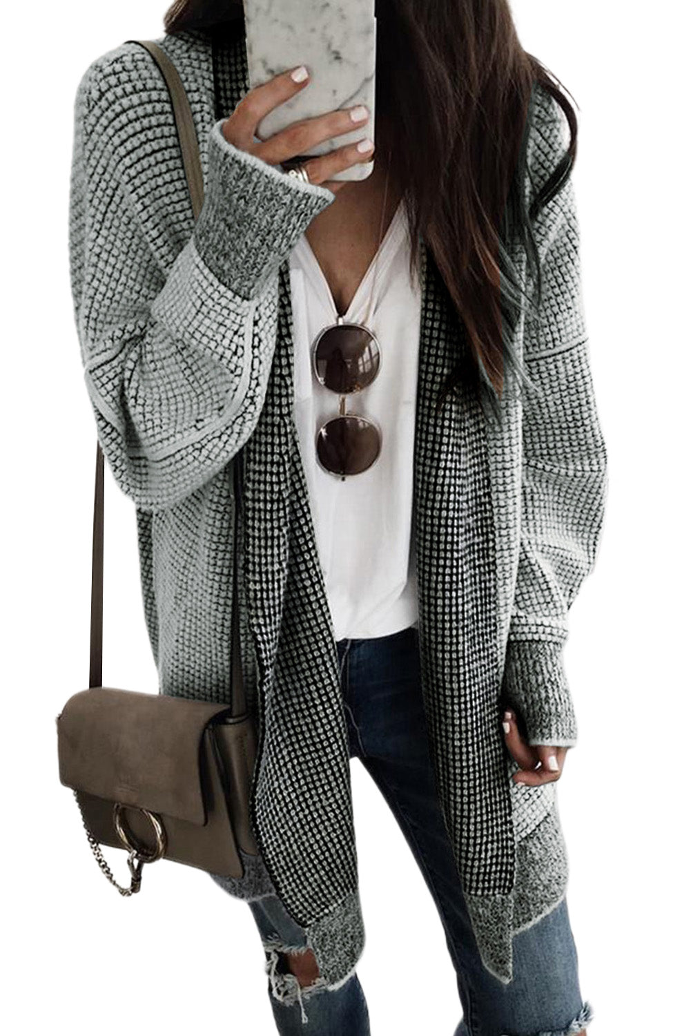 Pink Plaid Contrast Trim Casual Knit Long Cardigan*