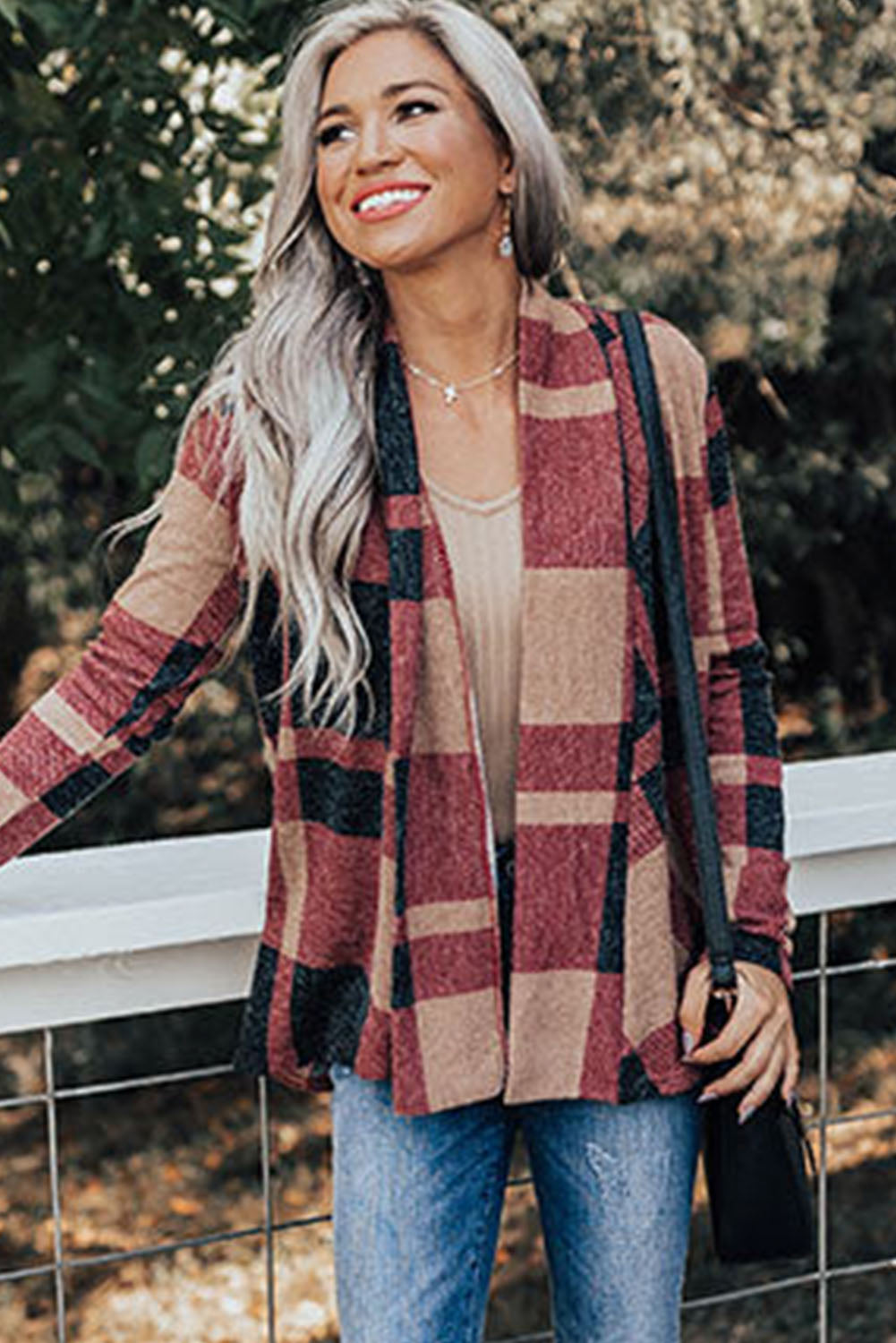 Plaid Casual Draped Open Front Cardigan *