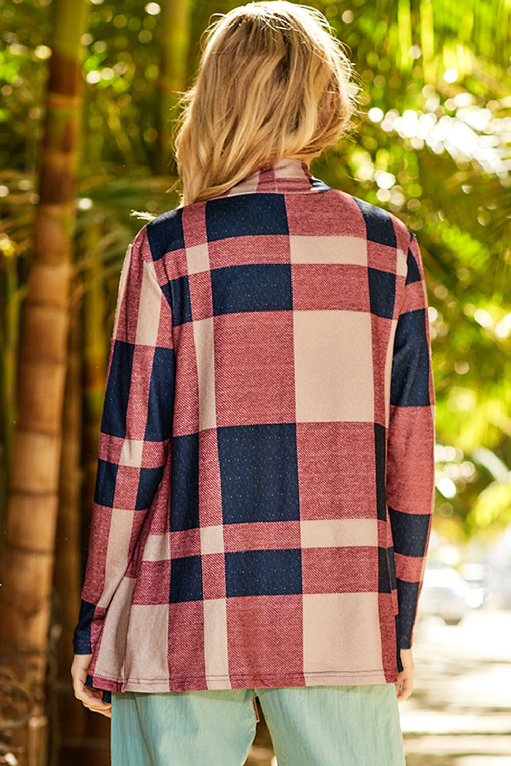 Plaid Casual Draped Open Front Cardigan *