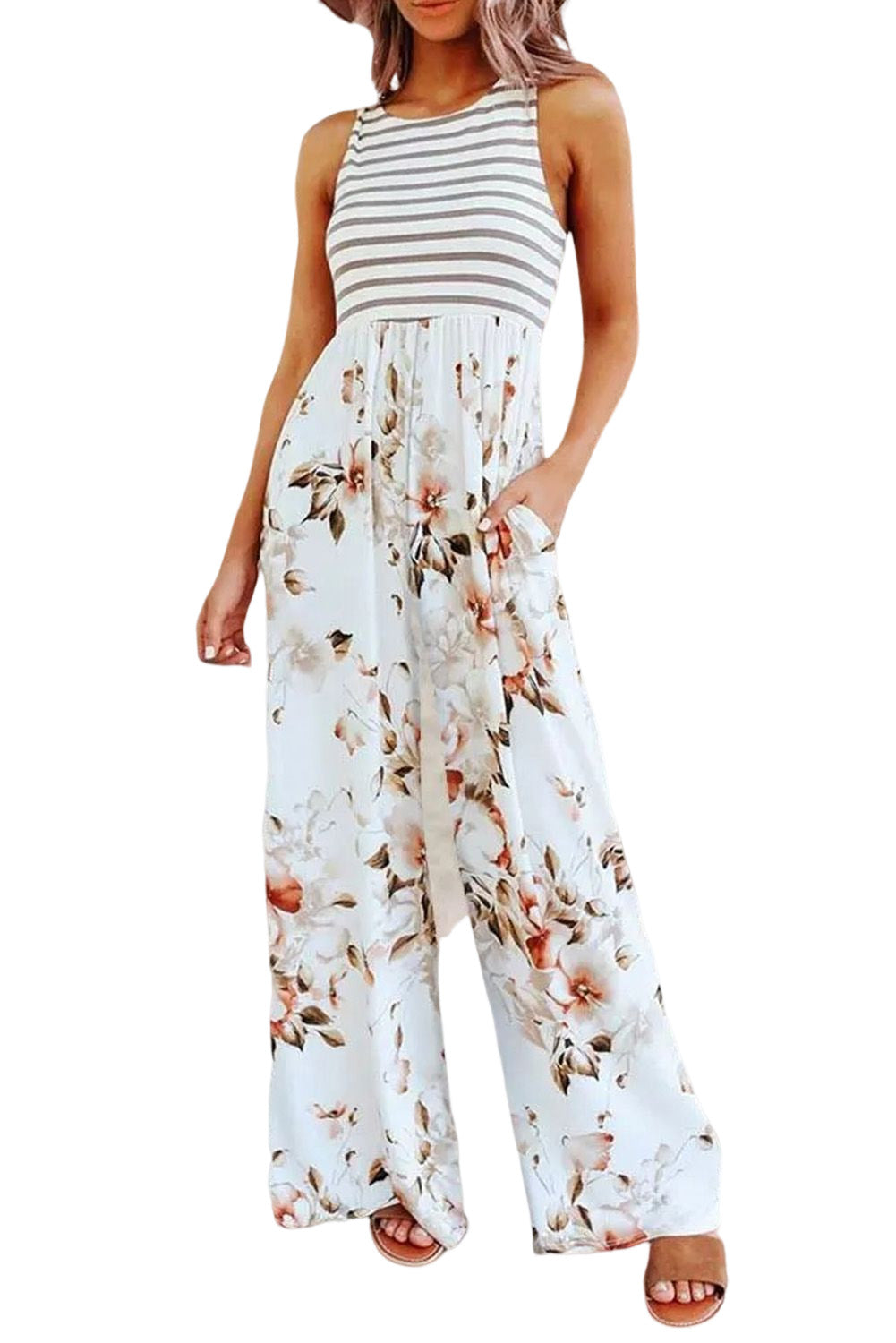 Striped Floral Pocket Sleeveless Jumpsuit With Pockets *