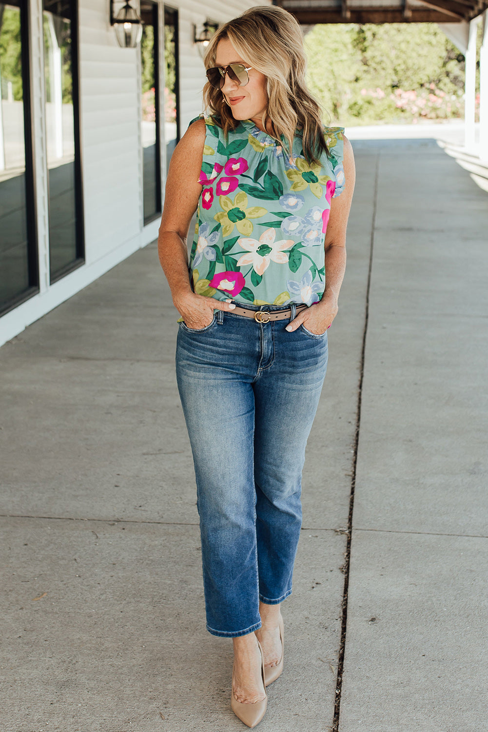 Floral Print Ruffle Trim Sleeveless Shirt *