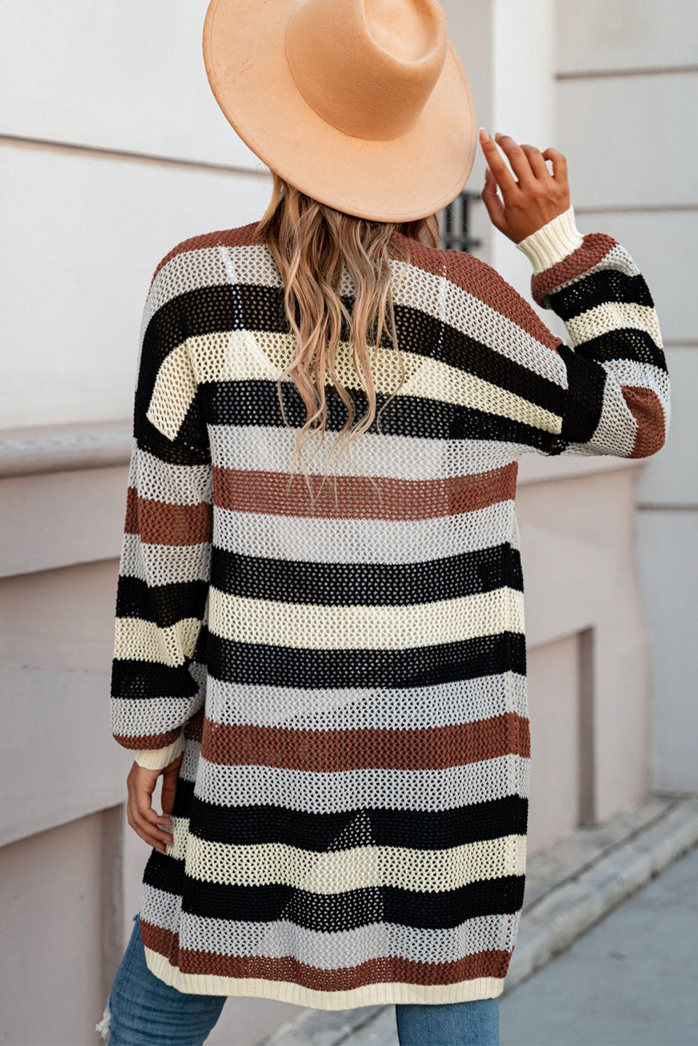 Striped Color Block Hollow Cable Knit Cardigan *