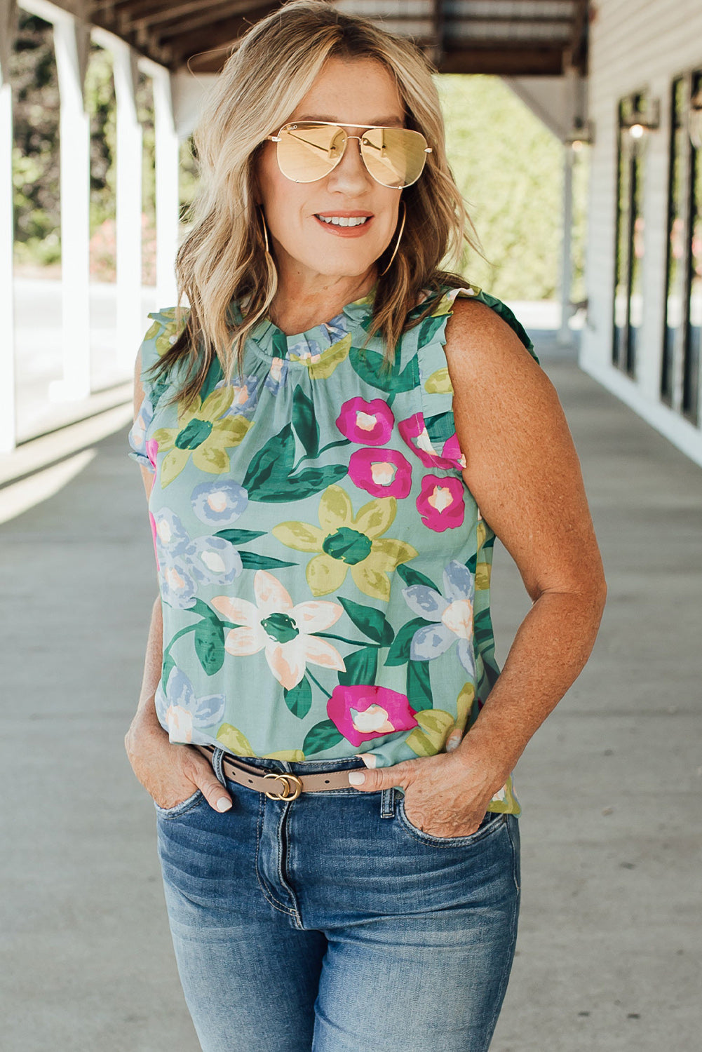 Floral Print Ruffle Trim Sleeveless Shirt *