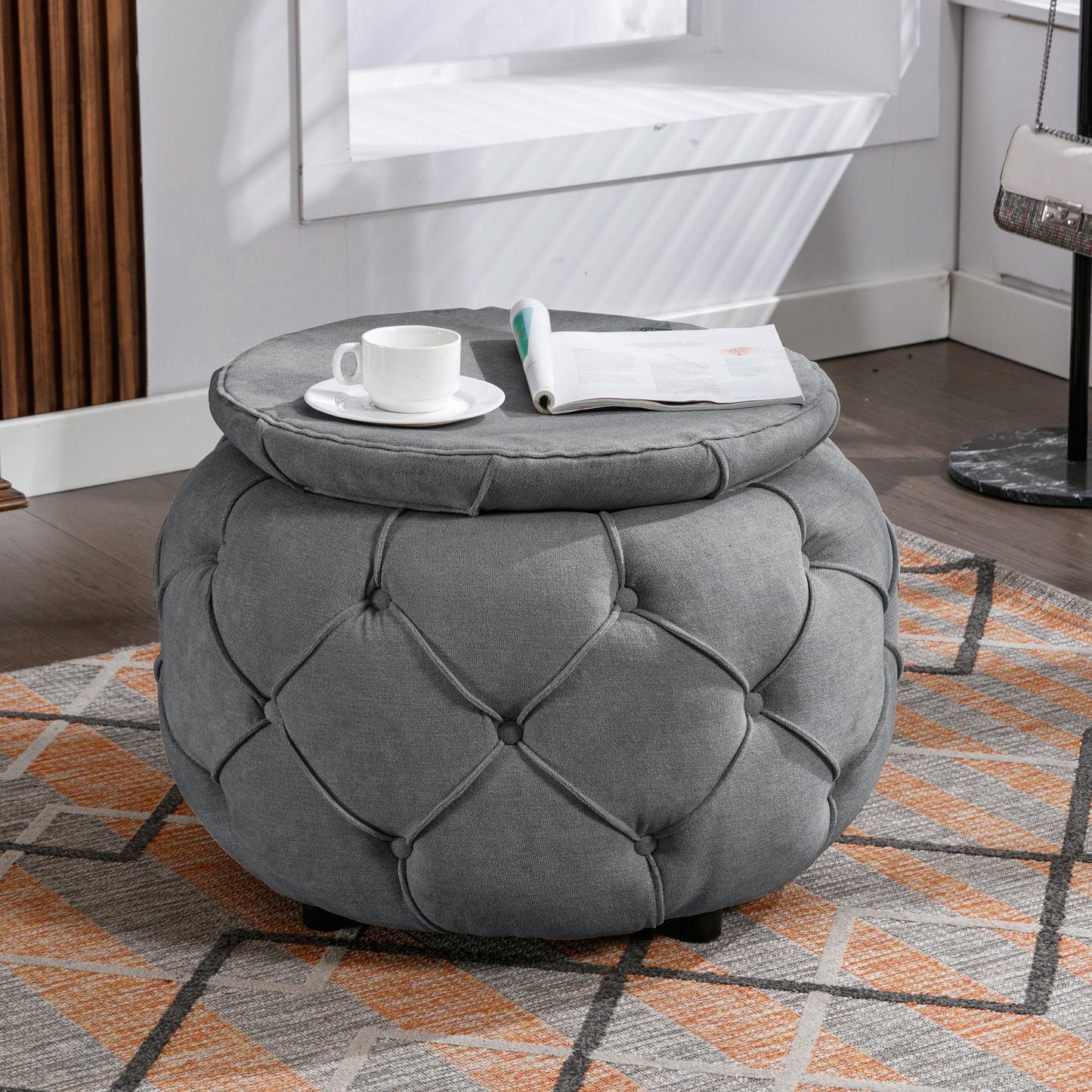 Large Button Tufted Woven Round Storage Footstool