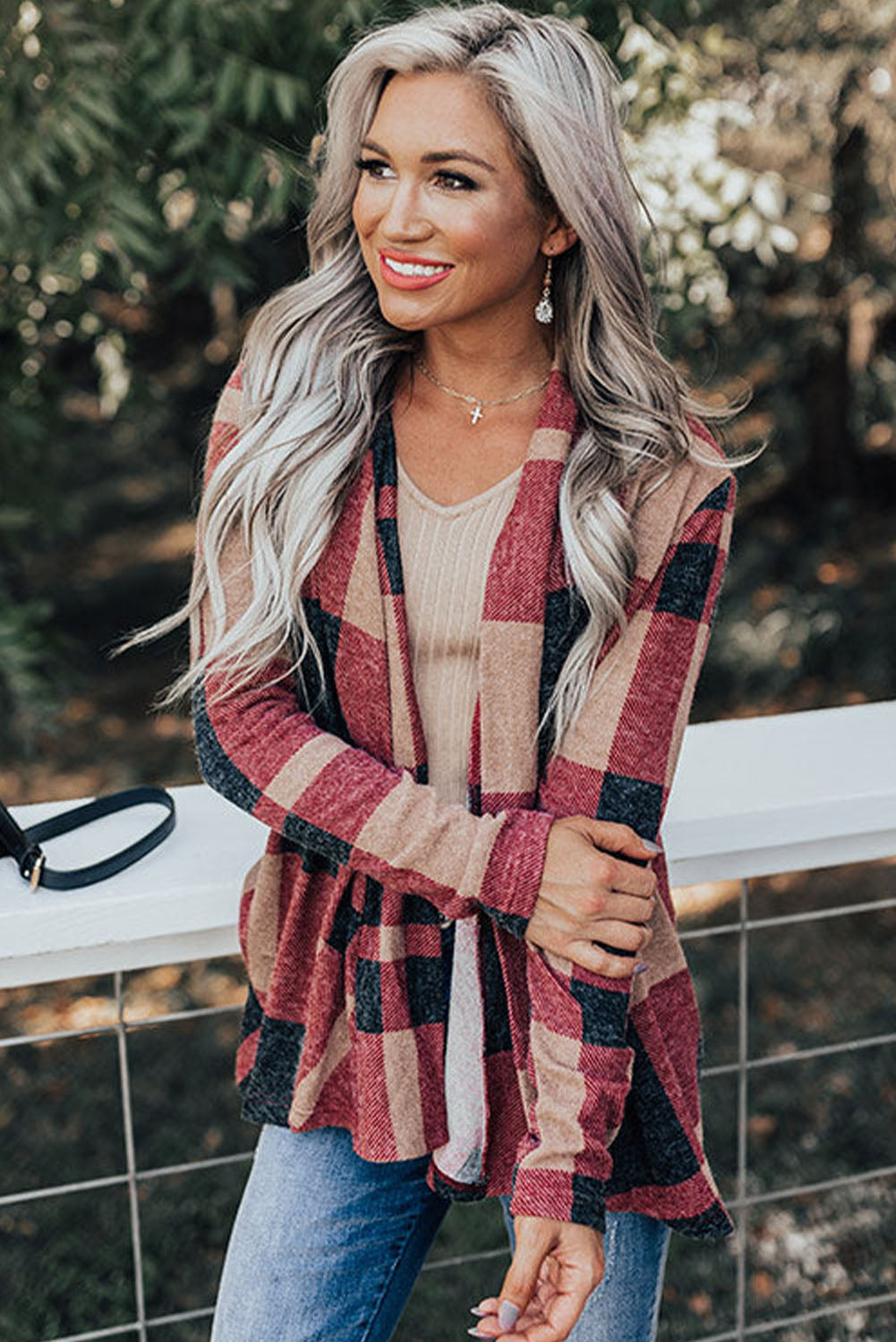 Plaid Casual Draped Open Front Cardigan *