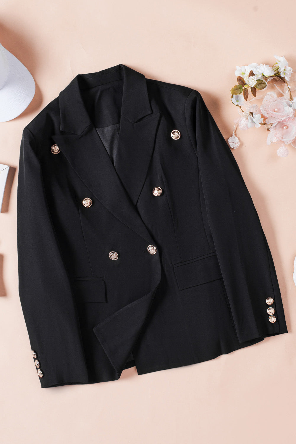 Double Breasted Lapel Neck Flap Pocket Casual Brown Blazer for Women *