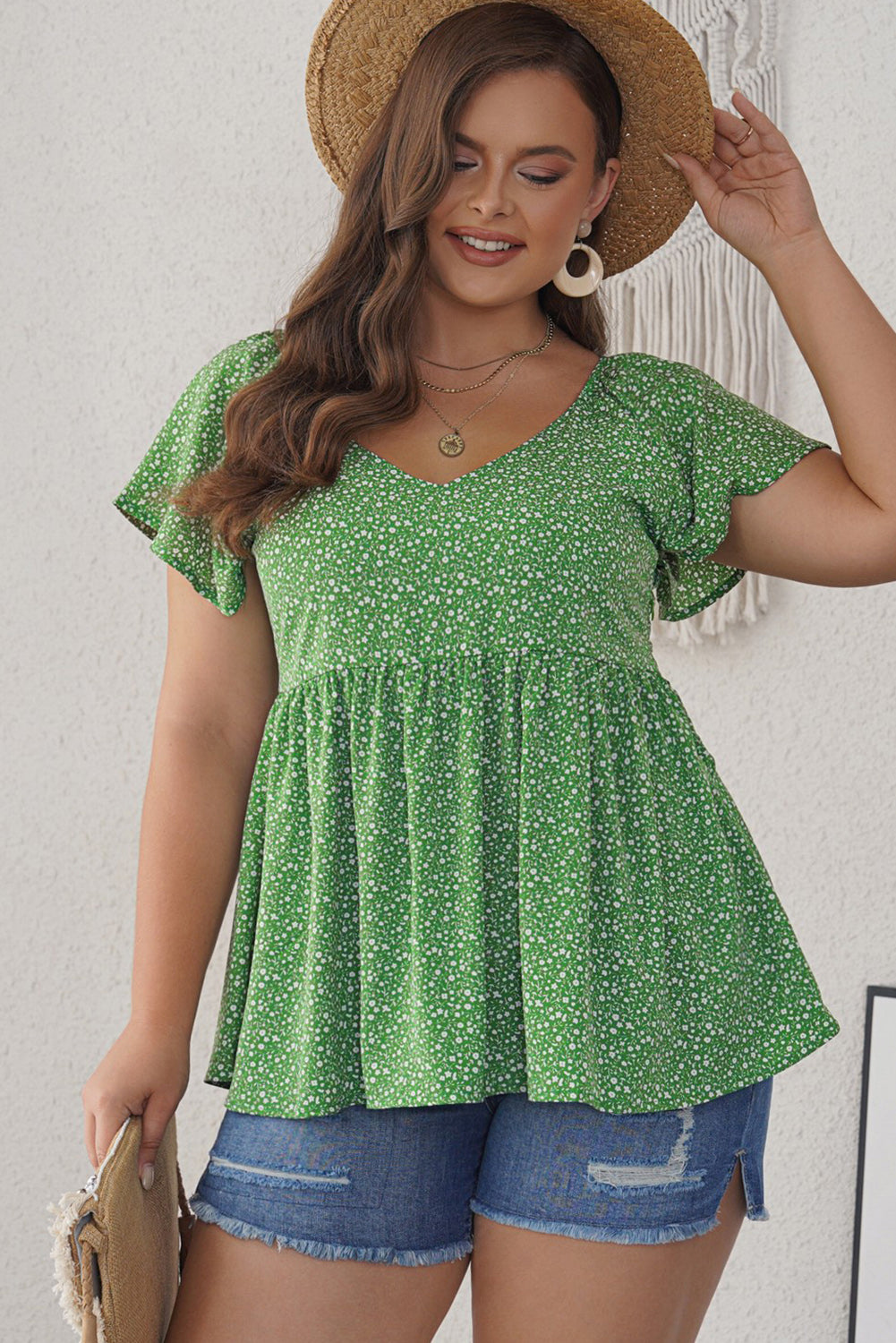 Floral Print Pleated Flounce Hem Short Sleeve Plus Size Top *