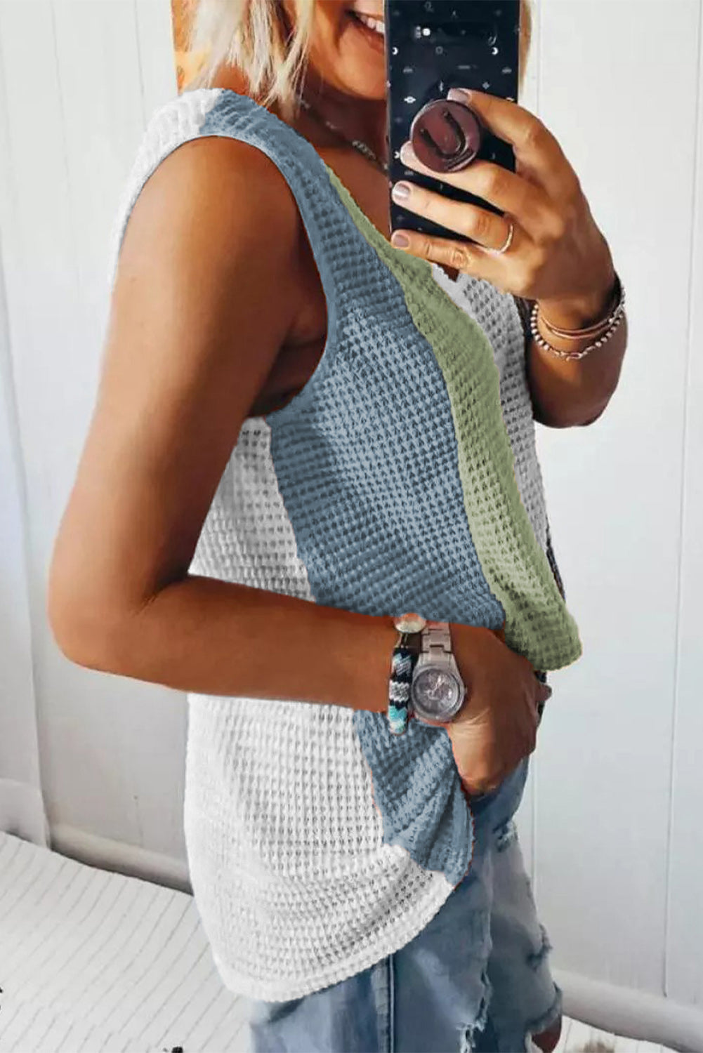 Multicolor Color Block Casual V Neck Waffle Knit Tank Top *