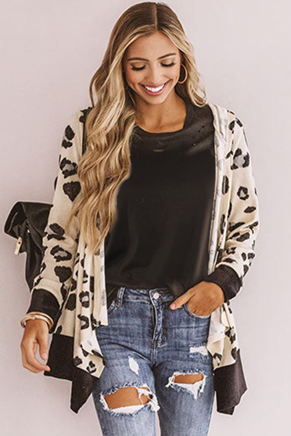 Cheetah Print Casual Hooded Open Front Cardigan *