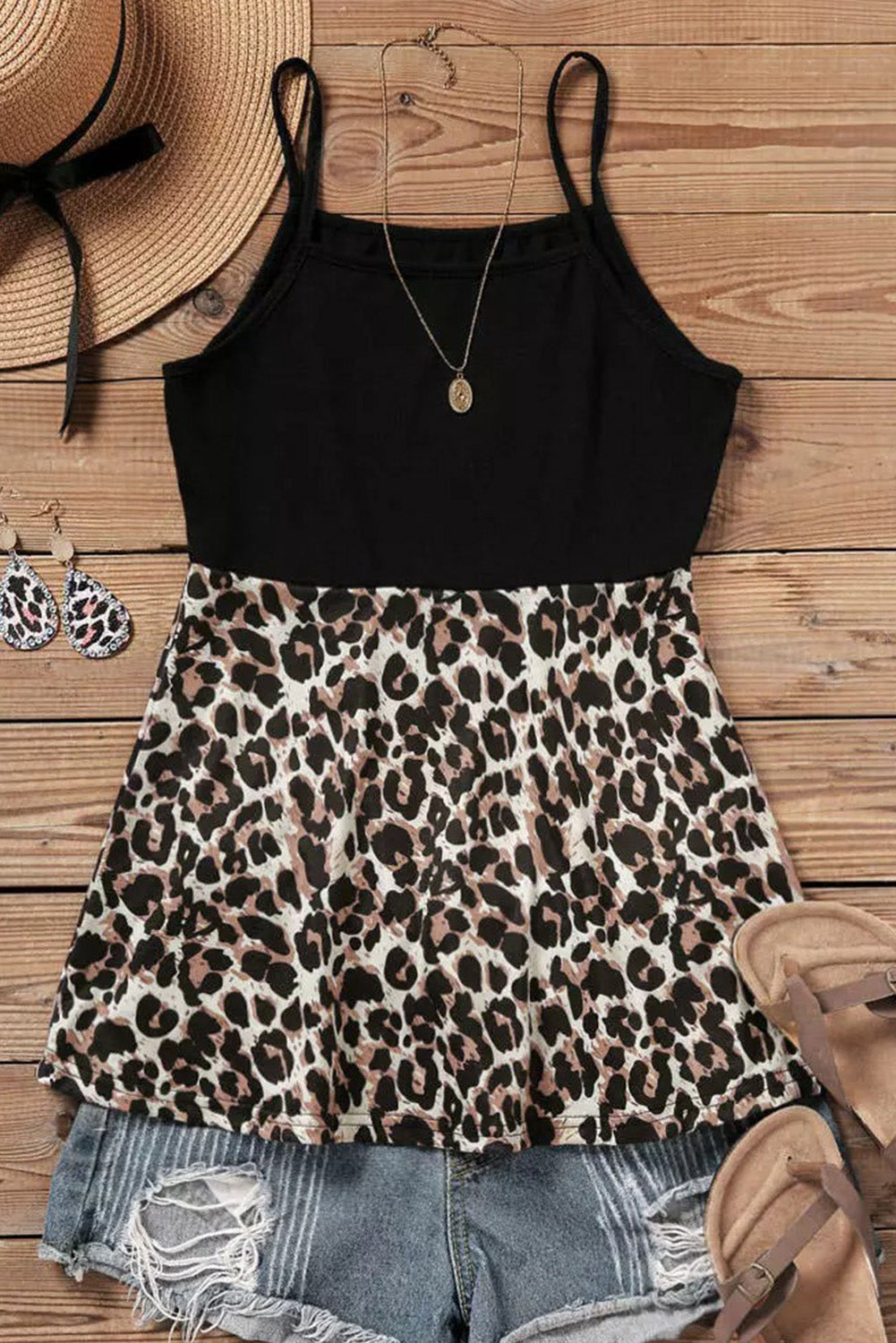 Leopard Patchwork Casual Spaghetti Strap Cami Top *