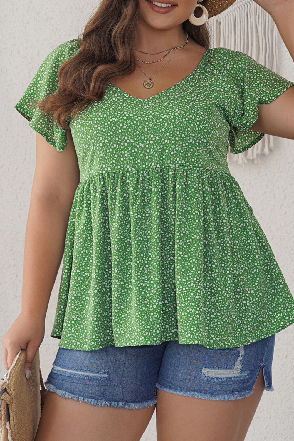 Floral Print Pleated Flounce Hem Short Sleeve Plus Size Top *