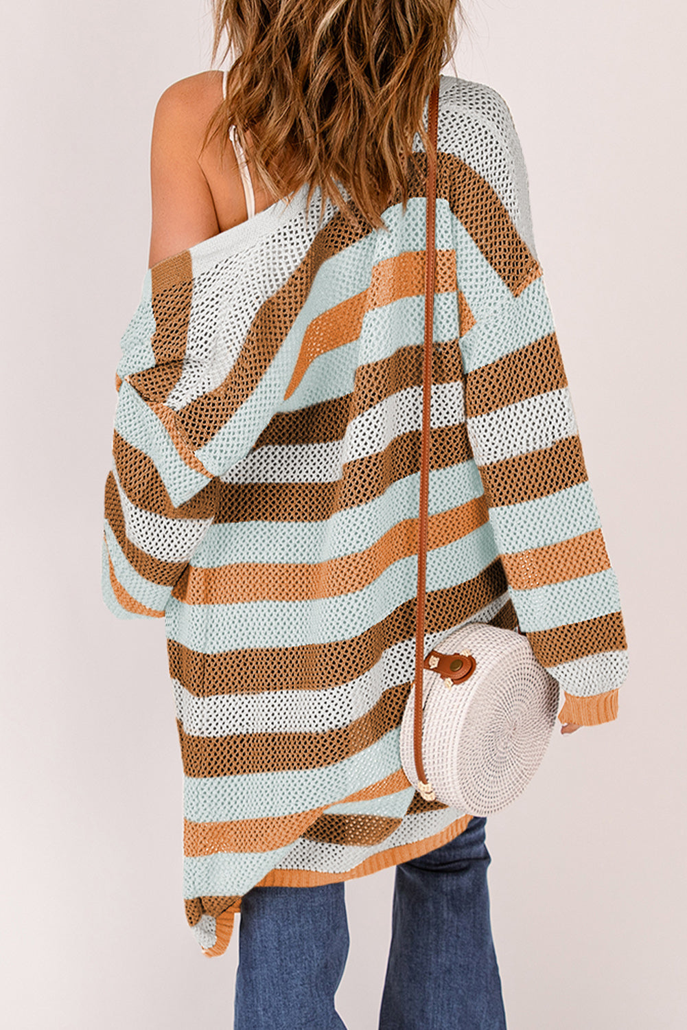 Striped Color Block Hollow Cable Knit Cardigan *